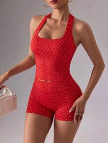 Women's Polka Dot Print Halter Tank Top & Shorts Set - Red - View 4