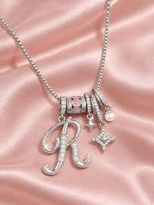 1pc Silver Letter R Rhinestone Pendant Necklace, Pink Gemstone Star Pearl Pendant, Cute Y2K Style Children Girls Jewelry, Suitable For Party, Birthday, Daily Wear - Silver - View 2