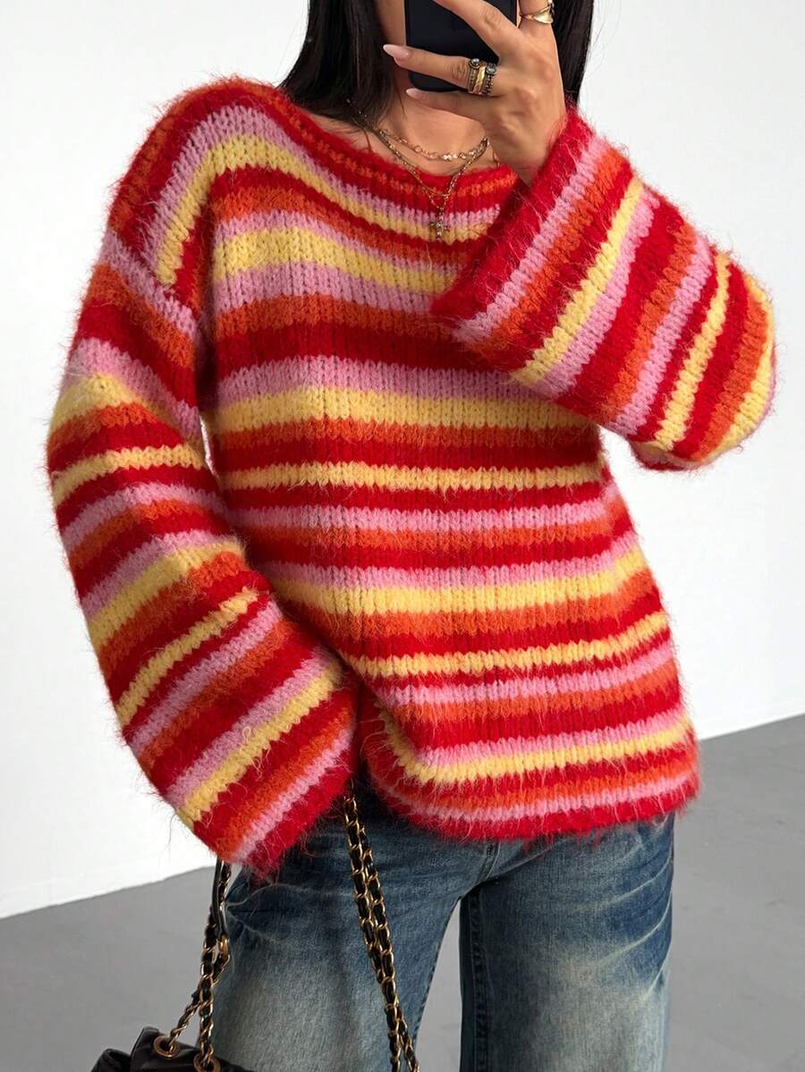 Women's Autumn/Winter Dropped Shoulder Striped Fuzzy Knit Sweater, Loose Long Sleeve Multi-Color Striped Pullover - Pink - View 1