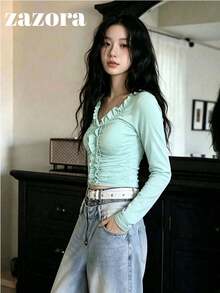 韓系小眾精緻 3D 荷葉邊飾長袖女款秋季上衣內搭 T-shirt - 薄荷綠 - 查看 8