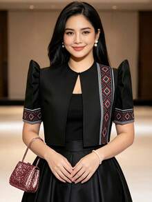 Modern Filipino Style Women's Elegant Petal Sleeve Short Top - Black - View 1