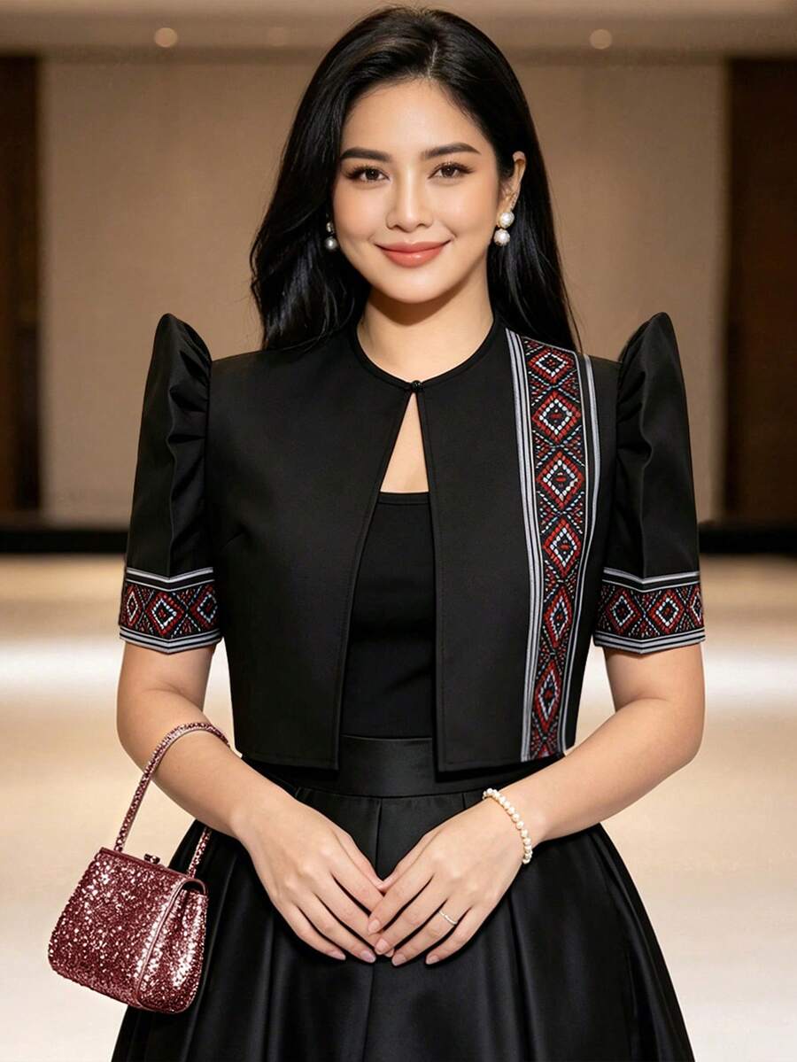 Modern Filipino Style Women's Elegant Petal Sleeve Short Top - Black - View 1