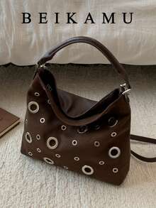 Fashion Metal Eyelet Decor Handbag, Adjustable Strap Versatile Crossbody Bag Shoulder Bag, Suitable For University, Commuting, Shopping, Street Strolling, Daily Use. - Coffee - View 4