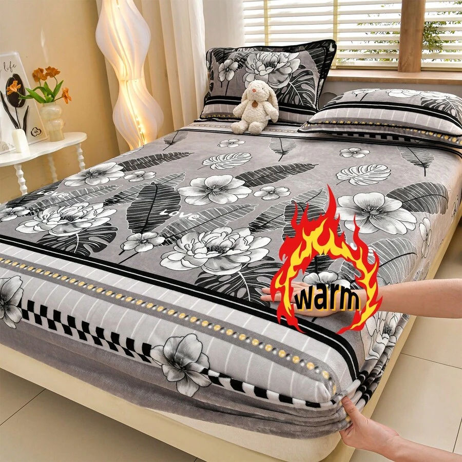 1 buah Sprei Fitted Bermotif Mewah, Penutup Kasur Hangat dan Lembut yang Ramah Kulit, Sprei Fitted Penuh untuk Musim Gugur/Dingin