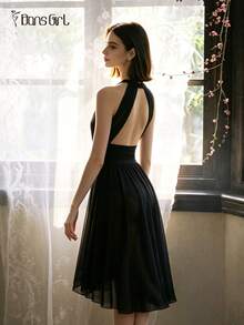 DonsGirl 1pc Women's Halter Neck Backless Dance Dress, Flowy Draped Mesh Front Slit Midi Skirt, Elegant Ballet & Modern Lyrical Dance Costume, Suitable For Class, Solo Performance - Black - View 9