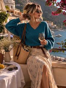 Aflion Women Fall V Neck Soft Knit Sweater, Drop Shoulder Lantern Long Sleeve Cropped Loose Pullover, Casual Daily Outfit - Dusty Blue - View 10
