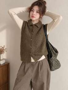 Alicedudu Women's Minimalist Collared/Turndown Collar Cardigan Sweater Vest, Spring/Autumn - Brown - View 1