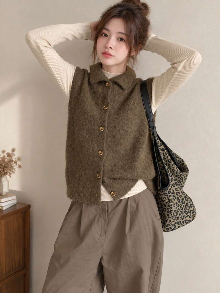 Alicedudu Women's Minimalist Collared/Turndown Collar Cardigan Sweater Vest, Spring/Autumn - Brown - View 1