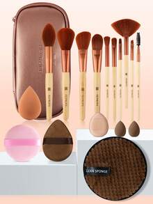 SEPROFE 18 Piece Bamboo Makeup Brush And Puff Tool Set, Includes 10 Professional Bamboo Handle Makeup Brushes, 7 Makeup Puffs For Removing Makeup And Base Makeup, 1 Zipper Makeup Bag, Soft For Easy Application With Natural Stereo Finish - Brown - View 1