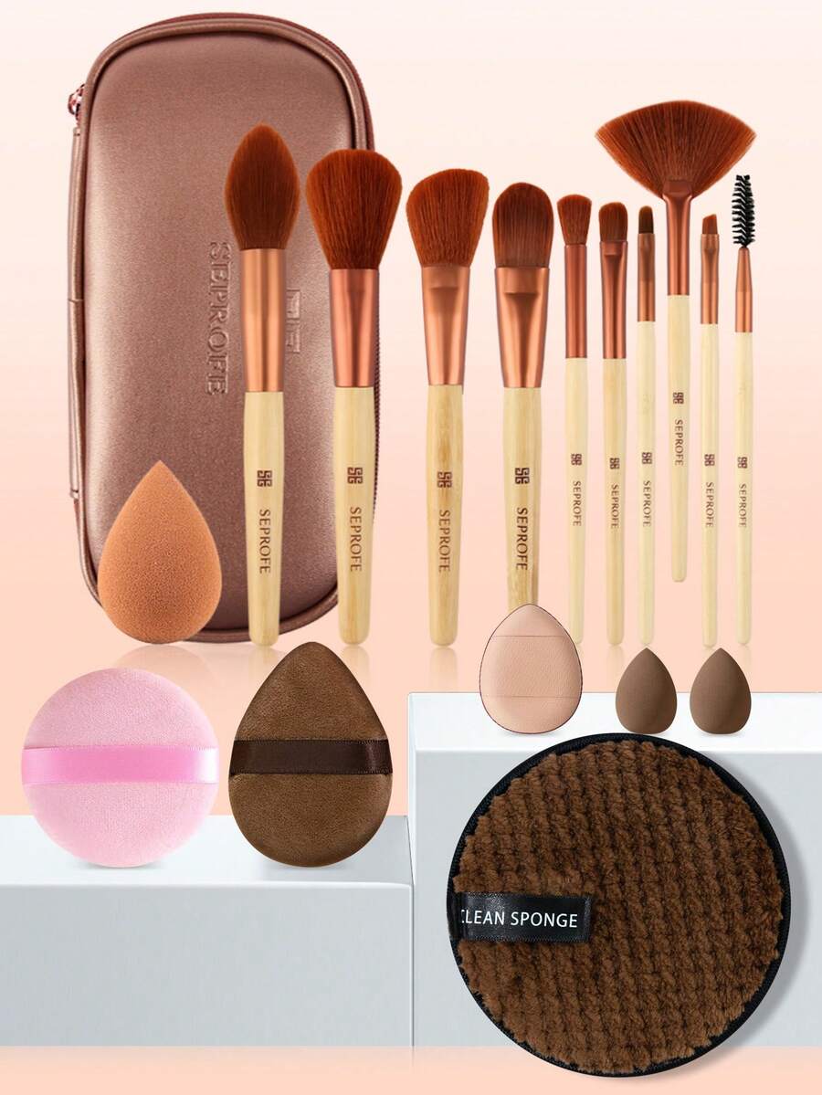 SEPROFE 18 Piece Bamboo Makeup Brush And Puff Tool Set, Includes 10 Professional Bamboo Handle Makeup Brushes, 7 Makeup Puffs For Removing Makeup And Base Makeup, 1 Zipper Makeup Bag, Soft For Easy Application With Natural Stereo Finish - Brown - View 1