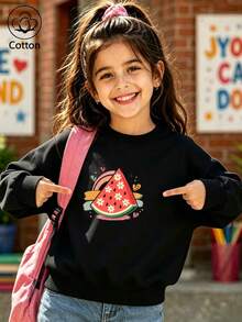 Girls' Cute Printed Drop-Shoulder Round-Neck Long-Sleeve Casual Sports Sweatshirt - Black - View 9