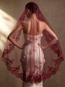 A Burgundy Lace Wedding Veil With A Comb, Vintage And Elegant, Face-Covering, Wedding Accessory, Suitable For Middle Eastern Weddings And Halloween - Multicolor - View 13