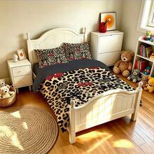 3pcs Leopard Print Bow & Cherry Pattern Duvet Cover Set (1 Duvet Cover + 2 Pillowcases), Breathable, Comfortable, Soft, Suitable For Single/Double/Queen/King Size Bed, Machine Washable, Room Decor, Dorm Bedding, Autumn Decoration, Christmas - Multicolor 02 - View 5