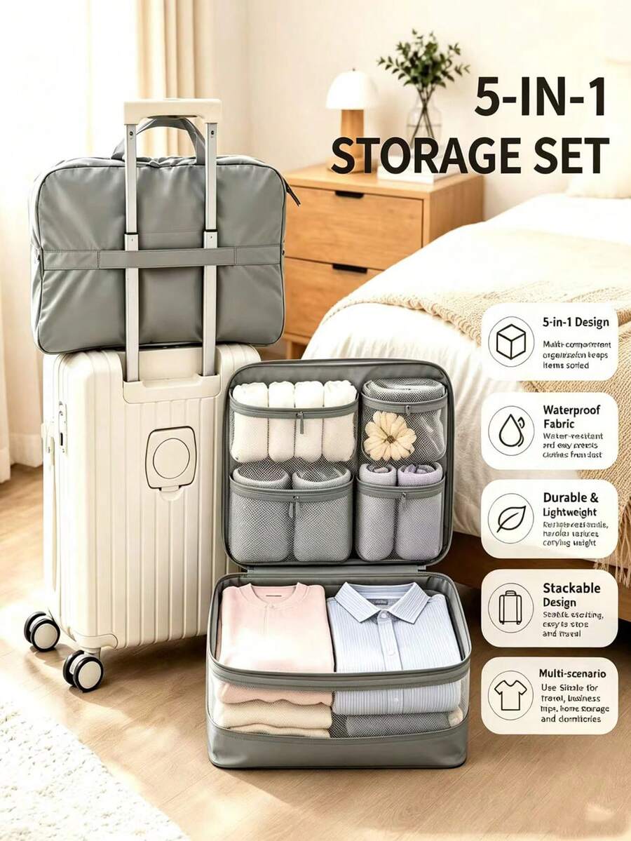 Solid Color Travel Storage Bag Large Capacity Multi-Compartment Daily Home Clothing Organizer Bag Divided Sections Organized Storage Socks Underwear Travel Compression Bag 5-In-1 Travel Storage Bag Portable Down Jacket Storage Bag Compressed Clothing Packing Organizer Bag - Multicolor - View 1
