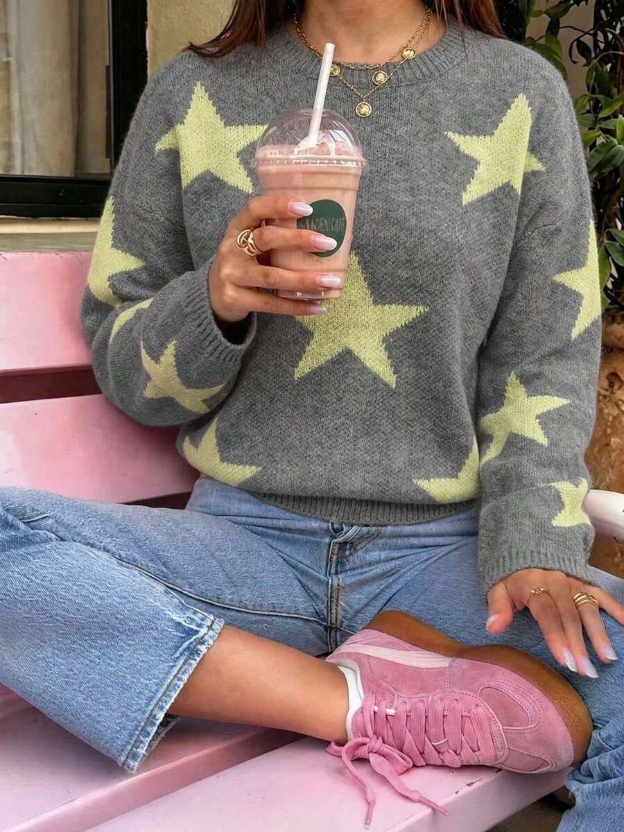 American Casual Style Colorblock Large Star Jacquard Knit Top Women's Loose Long Sleeve Pullover Sweater Round Neck Dropped Shoulder All-Over Pentagram Jacquard Texture Soft Skin-Friendly Breathable Knit Fabric Early Autumn Casual Top - Dark Grey - View 1