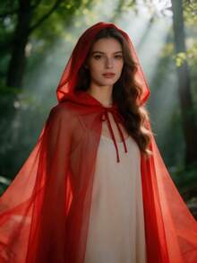 1pc Red/White Bridal Red Bow Hooded Mesh Cape, Ghost Bride Costume, Party Decoration Cloak, Cosplay, Party Outfit, Photo Prop, Christmas Party - Multicolor - View 7