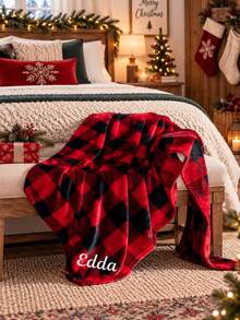 1PC Custom Embroidered Christmas Tartan Plaid Throw Blanket, Personalized Custom Name Blanket With Scottish Check Pattern, Single Layer Build, 2 Style Options, Decorative Blanket For Sofa And Bed, Ideal Holiday Gift - Multicolor - View 6
