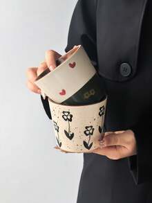 1 buah Mug Keramik Vintage Lukisan Tangan dengan Warna Kontras, Kucing & Hati Lucu / Cangkir Kopi Bunga Hitam, Cangkir Minum Rumahan - MultiWarna - View 10