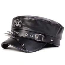 1pc Women's Metal Buckle Leather Cap - Black - View 5