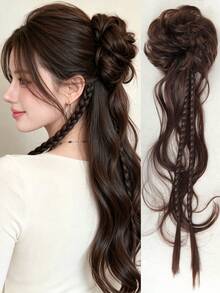 Synthetic 20Inch Messy Bun Wavy Ponytail Hair Extension With Braids, Elastic Hair Tie Chignon Ponytail, Natural Looking Braided Hairpiece Strands For Girls Daily Party - Multicolor - View 13