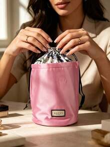 Lavender Purple Satin Drawstring Bucket Cosmetic Bag Floral Inner Lining Portable Travel Storage Pouch Gift For Women Gucci Beauty Lavender‑Purple Satin Floral‑Lined Drawstring Bucket Makeup Pouch - Purple - View 4