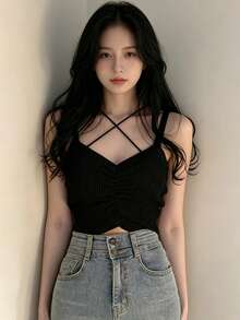 YCYC Atasan Camisole Hitam Kasual Serbaguna untuk Wanita Musim Semi/Panas - Hitam - View 3