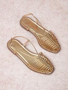 Women Square Toe Knotted Multi Strap Slingback Sandals, Metallic Breathable Hollow, Soft Flat Sole, Summer Footwear For Date & Daily Outings - Gold - View 7