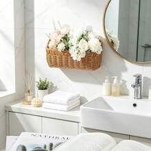 Woven Storage Basket, Faux Rattan Rectangular Basket With Handle, Wall-Mounted Wicker Organizer For Kitchen, Bathroom And Bedroom, Multi-Functional Decorative Basket For Pantry Items, Towels, Snacks, Plants And Home Decor, Non Food Contact - View 2