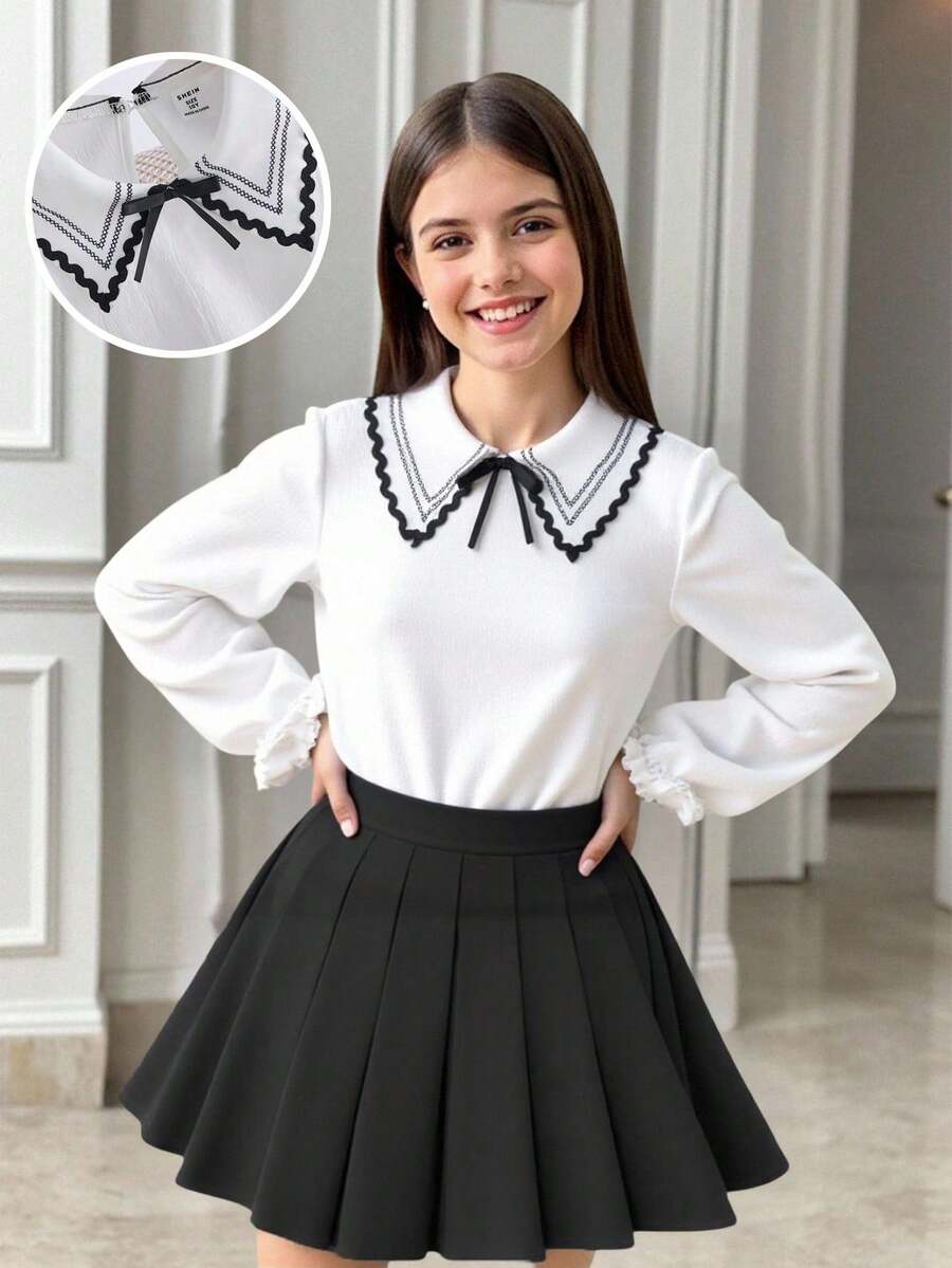 Tween Girl Tween Girl Spring Autumn Casual Long Sleeve Black Lace Collar Cute Playful Bow Decor Pullover Shirt Blouse Simple White Outfit Top - White - View 1