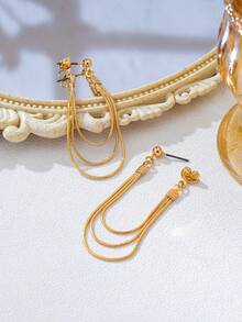 1 Pair Minimalist Elegant Multi-Layer Snake Chain Long Tassel Earrings For Women, Suitable For Daily Wear, Banquet, Date And Party Jewelry - Gold - View 4