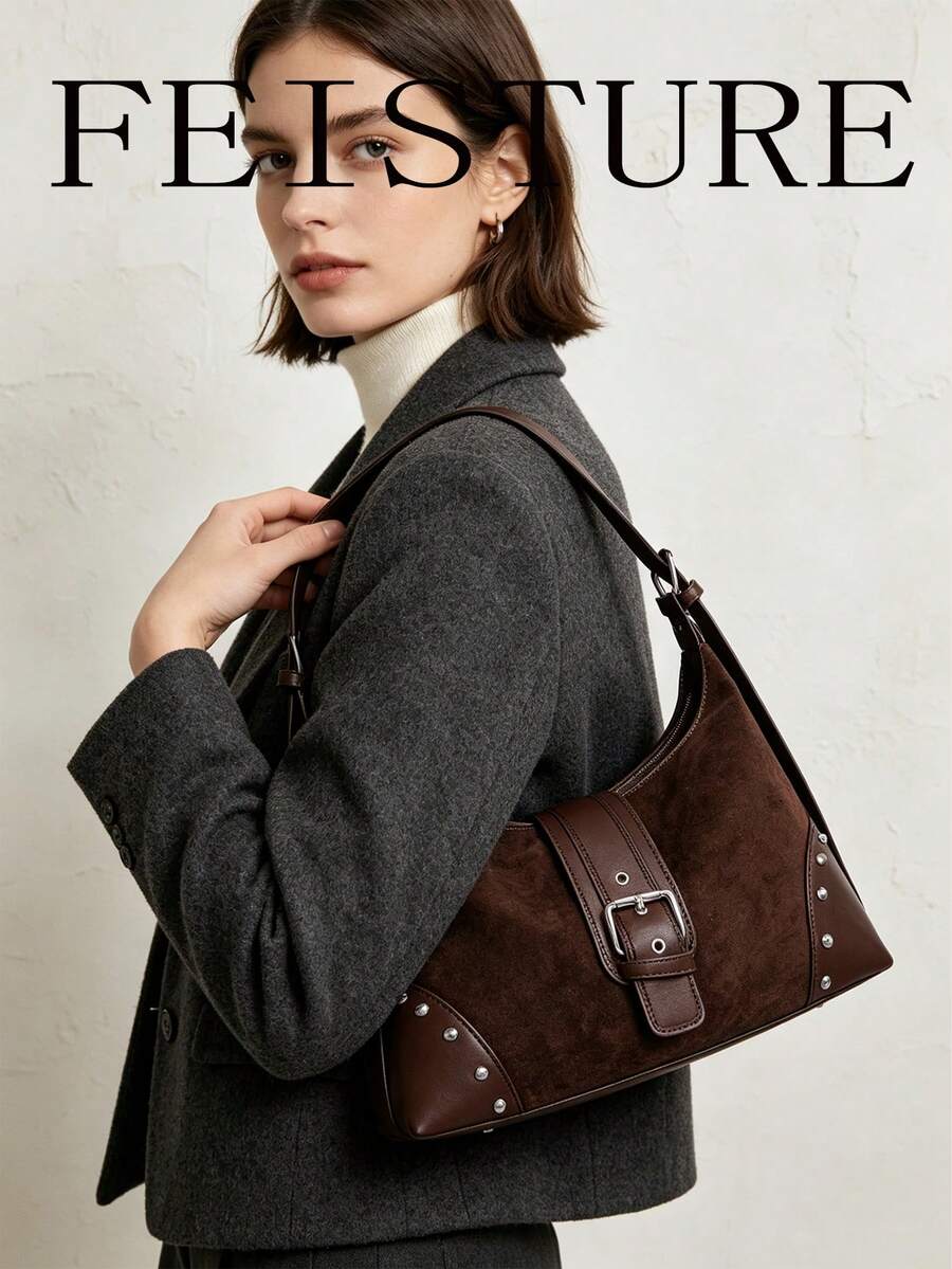 FEISTURE 1pc Rivet Embellished Women's Underarm Bag, Suede Crescent Shoulder Bag, Suitable For Girls, Ladies, College Students, New Professionals And White Collar Workers, Perfect For Work, Business, Commuting, School