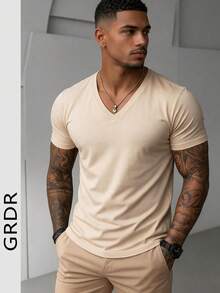 GRDR Men's Fashionable V-Neck Short Sleeve T-Shirt | Exquisite Design | Summer Essential | Easy To Match | Showcase Your Style - Apricot - View 3