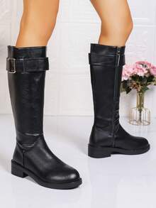 Women's Vintage Belt Buckle High Shaft Riding Boots, Round Toe Low Chunky Heel Side Zipper Tall Boots, Autumn/Winter Commute Versatile Slimming Long Boots, Black/Brown Available - Black - View 6