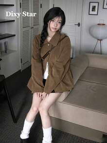 Korean Style Autumn/Winter Petite Fit Lapel Long Sleeve Wool Blend Jacket - Coffee Brown - View 2