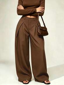 Women's Low Waist Fashion Pleated Solid Color Wide Leg Suit Pants - Coffee Brown - View 6