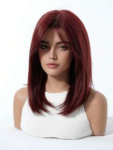 16 Inch Women's Short Burgundy/Gradient Gray Layered Clavicle Length Wig, Natural Straight Look Heat-Resistant Fiber, Breathable Rose Net Cap, Suitable For Daily Wear, Commuting, Party, Date, Fashion Head Accessory - Multicolor - View 3