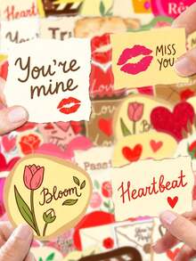 Vintage Confession Love Theme Stickers, PET Material, Heart Rose Romantic Gift Decorative Stickers, Includes Heart Shape, Love Letter Envelope And Confession Text Elements, Suitable For Diary Scrapbooking, Notebooks, Storage Boxes, Luggage, Skateboards, Helmets, Computer DIY Decoration - A - View 2