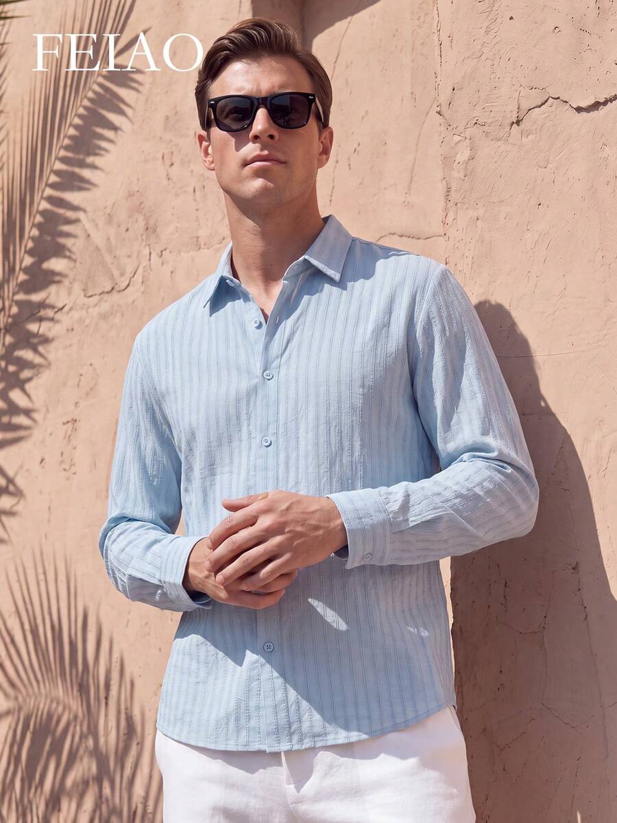 FEIAO Men's Vintage "Old Money" Style 100% Pure Cotton Button Long Sleeve Shirt, Skin-Friendly Soft Comfortable, All-Season Versatile - Dusty Blue - View 1