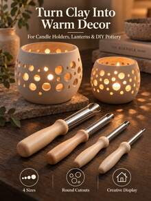 2/1sets Solid Wood Ceramic Clay Puncher, Pottery Drilling Tool, Wooden Handle Ceramic Puncher, DIY Soft Clay Punching Tool - Multicolor - View 3