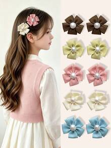 10pcs Cute Girls Pearl Flower Hair Clips, 3D Fabric Petal Design, Children's Bun Hair Clips, Suitable For School, Outings, Festivals, Versatile Energetic Little Girl Hair Accessories - Red - View 2
