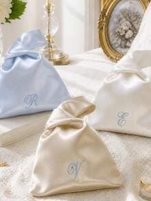 Personalized Embroidered Satin Knot Bag, Custom Bridal Clutch For Wedding Guest, Japanese Wrist Pouch, Bridesmaid Gift, Party Favor - Multicolor - View 7