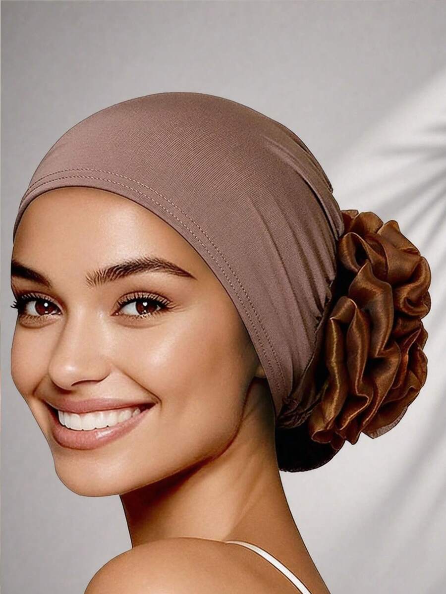 1pc Women's Muslim Headscarf Hat With Floral Design, Elastic Head Wrap Cap, Polyester Fiber, Suitable For Daily Wear - Multicolor - View 1