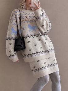 Women's Winter Casual Elegant Minimalist Sweater Pullover And Skirt 2 Pieces Set - Beige - View 4