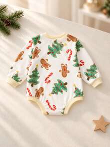 Infant Holiday Atmosphere Bodysuit, Cute Christmas Pattern Round Neck Long Sleeve Snap Closure Romper - Apricot - View 4