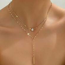 1pc Gold Y-Shaped Multi-Layer Necklace, Decorated With Rhinestones And Faux Pearls, Suitable For Women's Daily Wear, Friendship Gift, Banquet Party (Hand-Cut Chain, Pearl Quantity And Rhinestone Size Vary) - Rose Gold - View 1