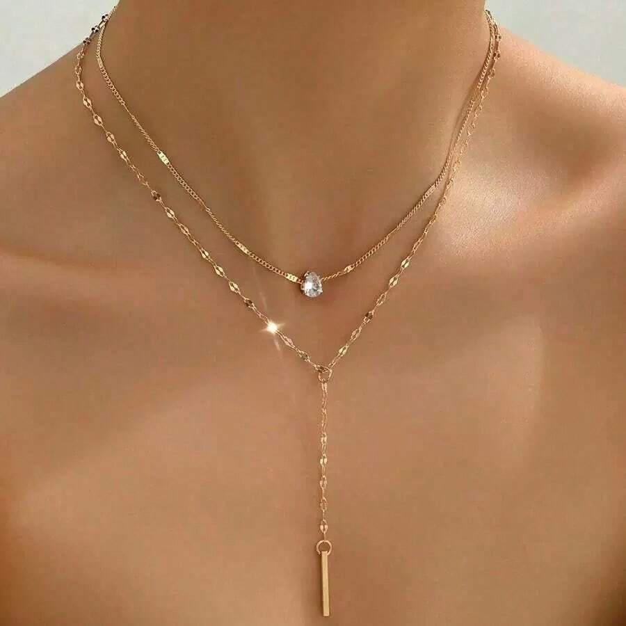 1pc Gold Y-Shaped Multi-Layer Necklace, Decorated With Rhinestones And Faux Pearls, Suitable For Women's Daily Wear, Friendship Gift, Banquet Party (Hand-Cut Chain, Pearl Quantity And Rhinestone Size Vary) - Rose Gold - View 1