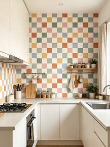 1 Roll Macaron Checkerboard Wallpaper, Removable Wall Sticker, Exquisite Mural, Suitable For Home Decor And Wall Art, Ready-To-Use Wall Panel, Wall Covering Material, Spring Home Decor, Instantly Refresh Your Living Space. Rama Decorative Sticker - Perfect Gift For Birthday And Graduation. Halloween Decor, Halloween Gift, All Saints' Day Decor, All Saints' Day Gift - Multicolor - View 6