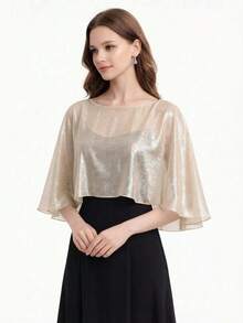 1pc Shiny Short Cape Bridal Evening Dress Outerwear Lightweight Mesh Party Wedding Jacket - Mint Blue - View 2