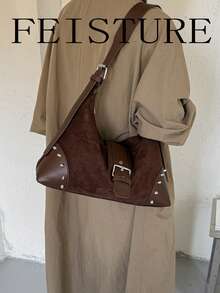 FEISTURE 1pc Rivet Embellished Women's Underarm Bag, Suede Crescent Shoulder Bag, Suitable For Girls, Ladies, College Students, New Professionals And White Collar Workers, Perfect For Work, Business, Commuting, School - Coffee - View 6