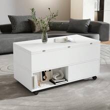 Coffee Table, Height Adjustable Living Room Table, 3-In-1 Multifunctional With Wheels,4 Drawers, Coffee Table, Living Room, Home Office, Convertible Into Living Room Dining Table, White,100x50x52cm - White + Particle Board - View 3